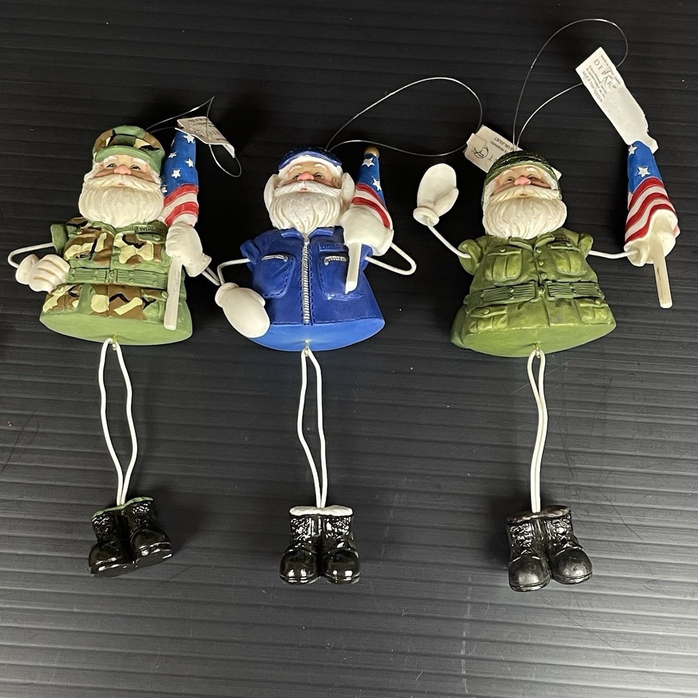 Dept 56 Santa Army Marines USA Flag Patriotic Ornaments Resin PVC Lot of 3